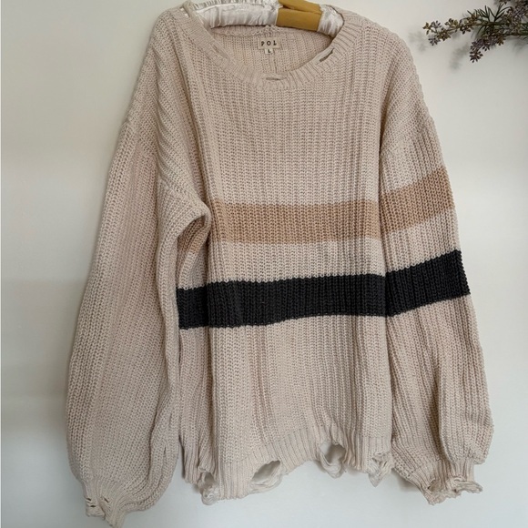 POL Sweaters - POL Oversized Distressed Stripe Knit Sweater Boho Cozy‎ Large